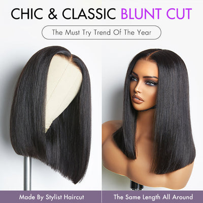 Silky Blunt Cut Glueless 5x5 Closure Lace Shoulder Length Bob Wig Ready to Go Pre Plucked & Bleached