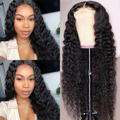 Deep Wave 4x4 Closure Lace Glueless Mid Part Long Curly Wig 100% Human Hair transparent lace