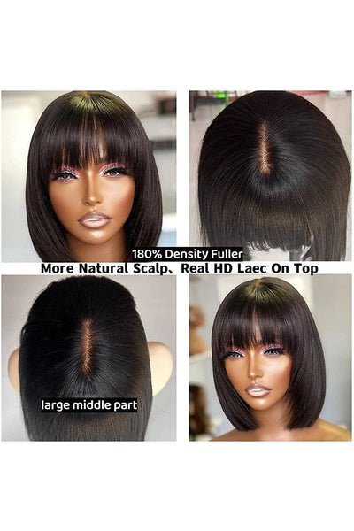 Put On and Go Realistic Glueless Yaki Straight Bob with Bangs Minimalist Lace Wig 100% Human Hair A6