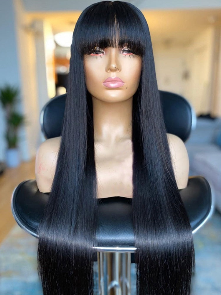 Breathable Cap Straight Ultra Natural Minimalist Undetectable Lace Long Wig with Bangs